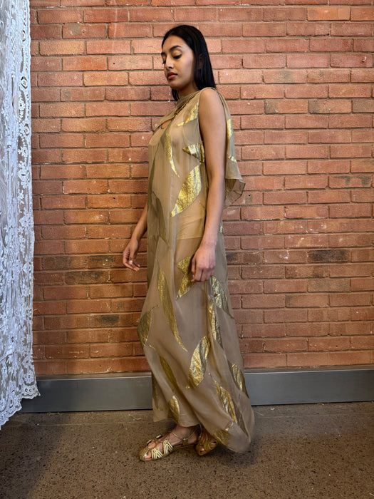 Molly, 20s silk chiffon dress with gold leaf print