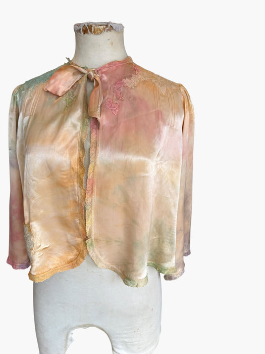 Kaz, hand dyed 30s silk and lace bolero with necktie and side pocket