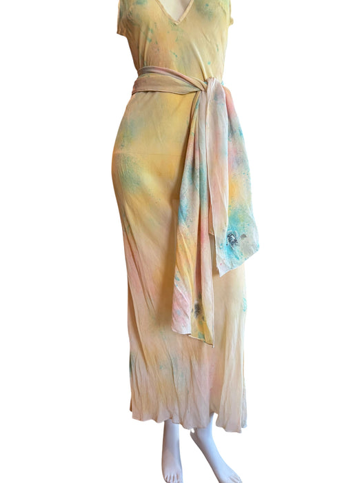 Aline, hand dyed 30s silk bias cut dress with attached belt/cape