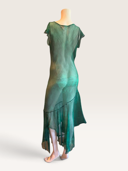 Ronda, hand dyed emerald green bias cut, asymmetric vintage chiffon beaded dress