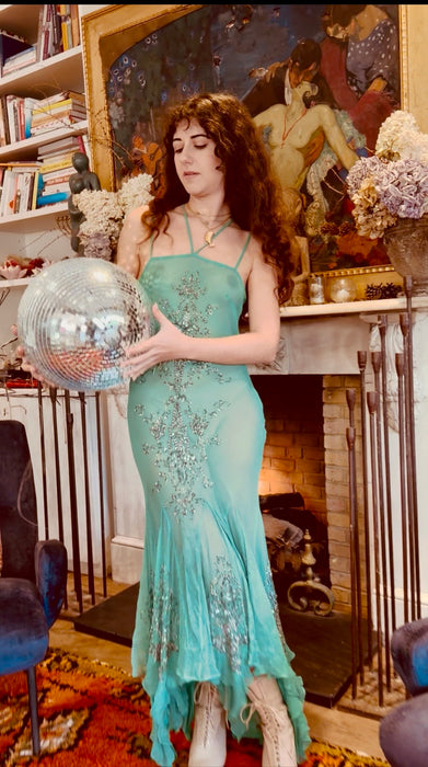 Esmeralda, 90s bias cut chiffon beaded dress with handkerchief silhouette