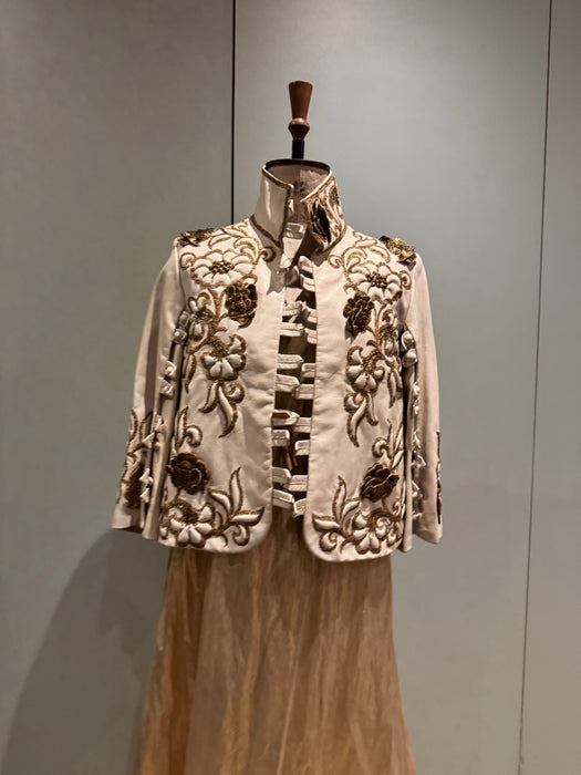 Jean-Louis Sherrer, 80s couture lather nappa cream leather jacket with gold thread quilted embroidery