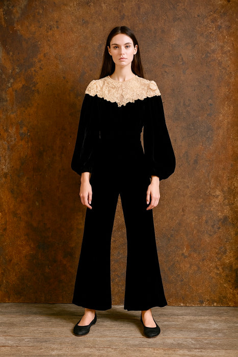 Treena, reworked 30s velvet and lace jumpsuit