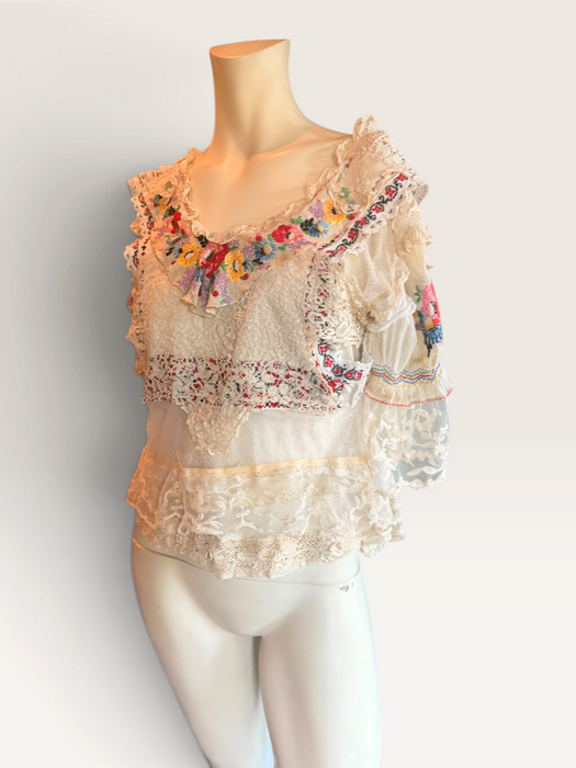 Paulina, reworked antique lace blouse with Romanian silk embroidered sleeves and collar