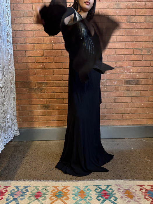 Virna, 30s black bias cut dress with angel sleeves and rhinestone detail