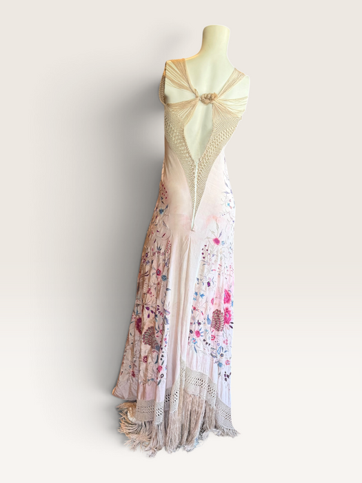 Daria, reworked bias cut cream piano shawl embroidered fringed dress