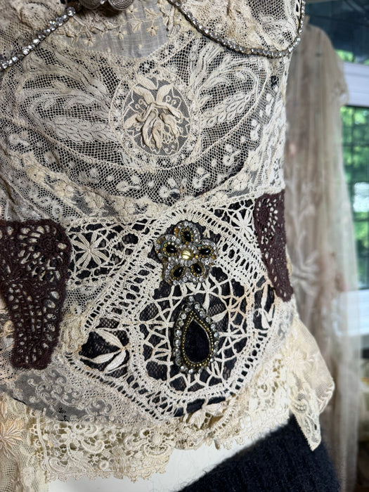 Forrest, reworked 40s boned corset with handmade Victorian lace, 20S Beading and silver Victorian filigree pendant