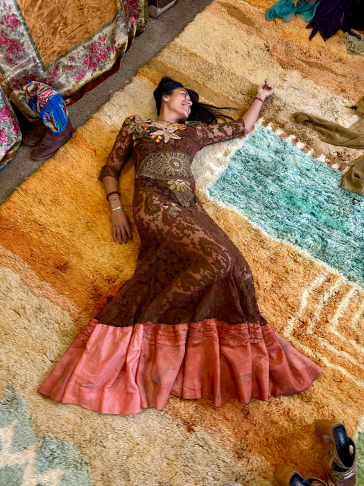 Arlo, 1930s burnt orange lace bias cut dress with Edwardian metallic embroidery and hand made silk florals