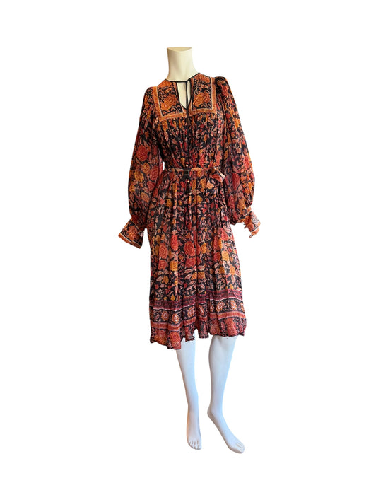 Anchor, 70s silk Indian block print balloon sleeves belted dress