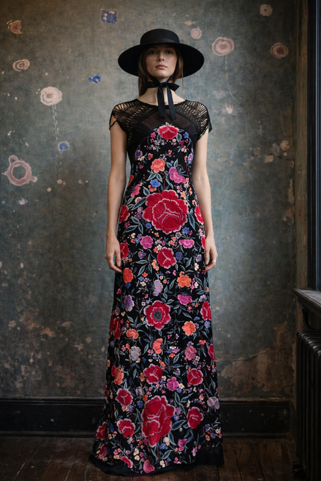 Birdie, reworked 40s embroidered piano shawl bias cut fringed dress