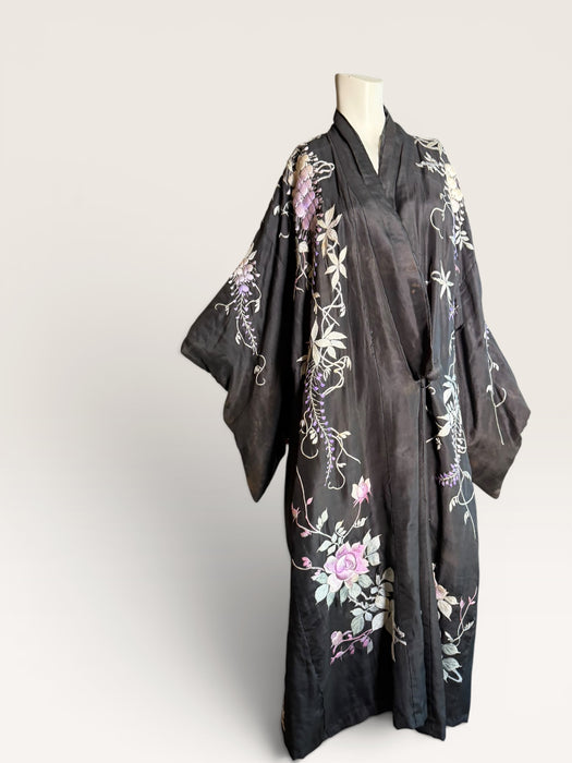 Chi, 1940s dark brown silk Japanese embroidered floral kimono