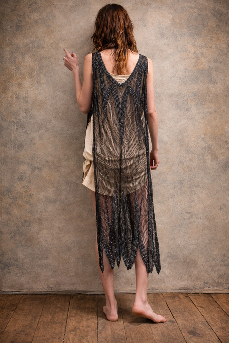 Kray, 20s black beaded scalloped tabard dress