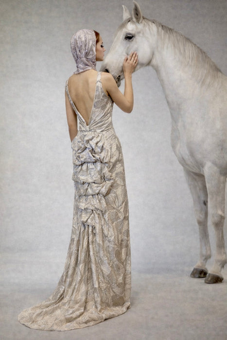 Monica, 20s silver floral lamé dress with bustle train