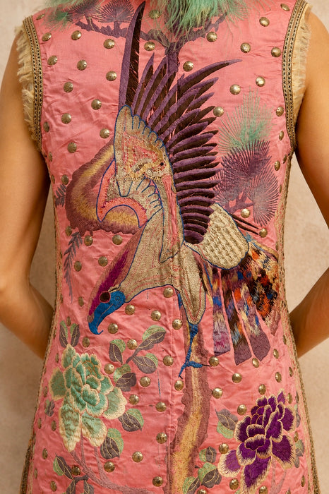 Adage, 19thC pink silk embroidered Chinese long waistcoat with feather collar