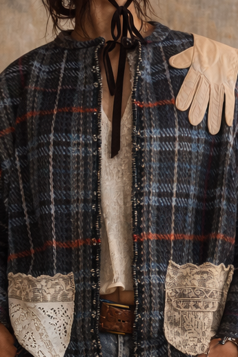 Tais, reworked 70s checked blanket with lace pockets and 20s glove