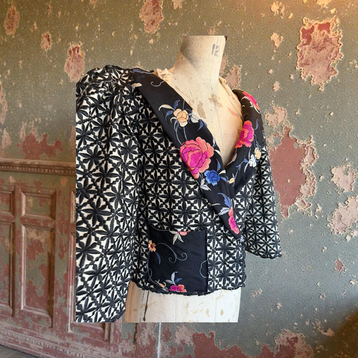Jade, reworked vintage silk floral jacket with flare sleeves