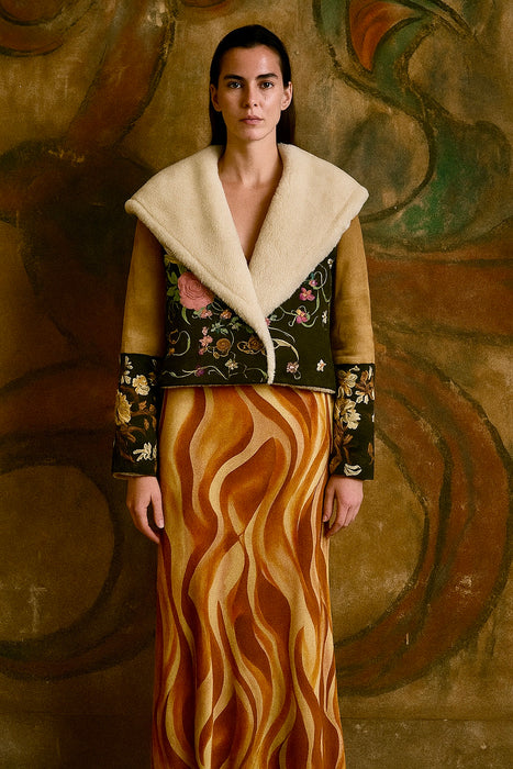 Paula, 80s sheepskin double breasted embroidered jacket