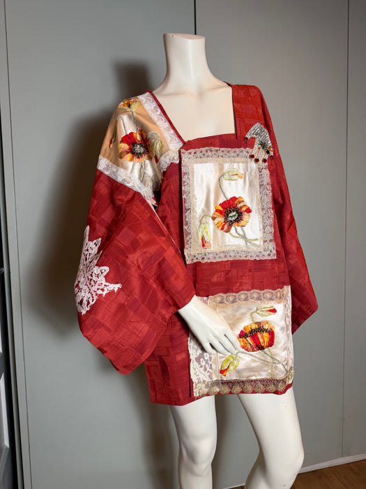 Tales, 40s a Japanese silk damask burnt orange kimono jacket with Victorian floral and lace motifs