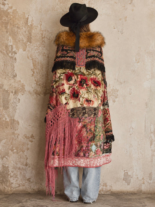 Stacey, reworked 1930, wool embroidered cape with faux fur collar