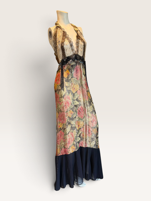 Dray, reworked 1920s floral lamé and metallic dress with glass black jet beaded fringed waistband