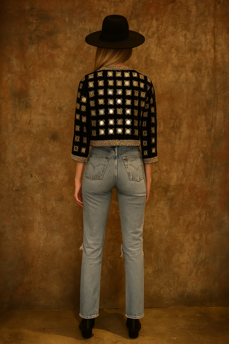 Lola, 70s bohemian black velvet mirrored jacket with gold thread