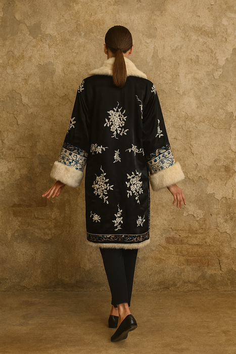 Omnia, 30s silk embroidered reversible fur coat