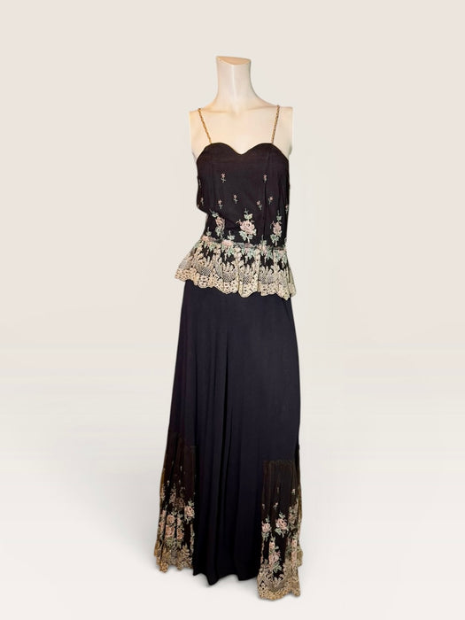 Andrea, 1970s black crepe and lace tiered dress