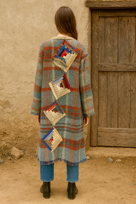 Moderna, 70s check blanket coat with Victorian patchwork design