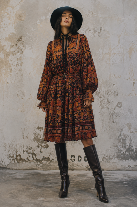 Anchor, 70s silk Indian block print balloon sleeves belted dress