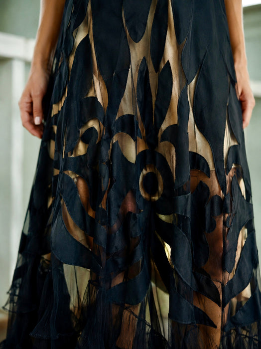 Oriel, 30s black net silk cut out frill dress