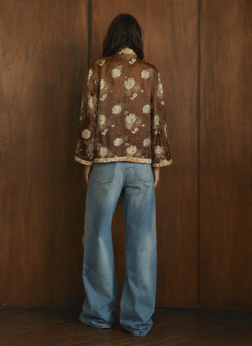 Edina, 70s Oriental camel silk damask teddy lined jacket