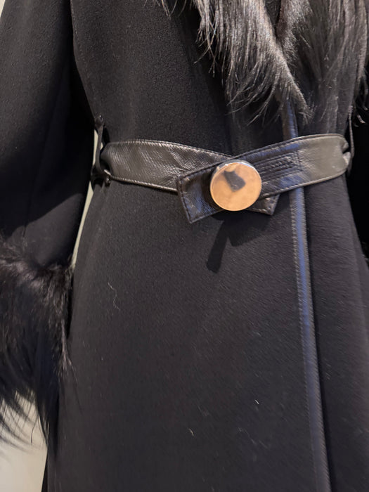 Baccarat, 70s black wool, leather and fur coat