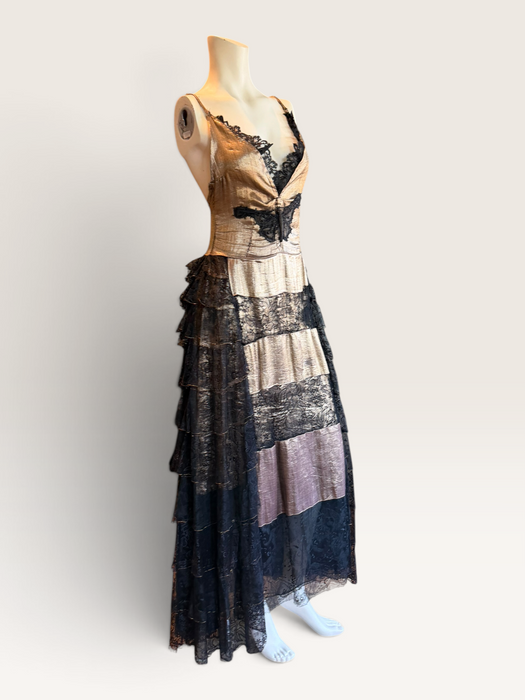 Fay, reworked 1930s gold and black lace tiered dress