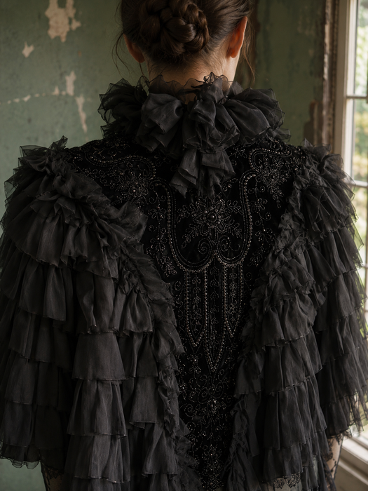 Elma, Victorian black silk ruffled cape with velour jet beaded collar