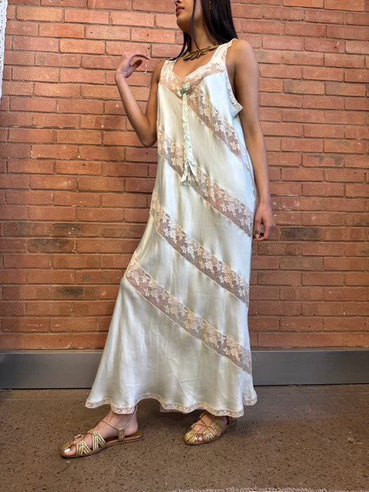Sabrina, 30s pale green silk and lace dress