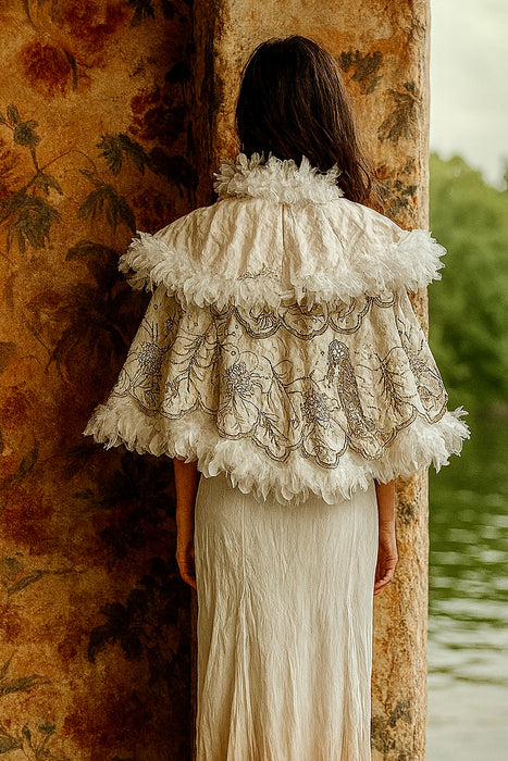 Ornella, reworked 30s cream feather cape with silver antique beading