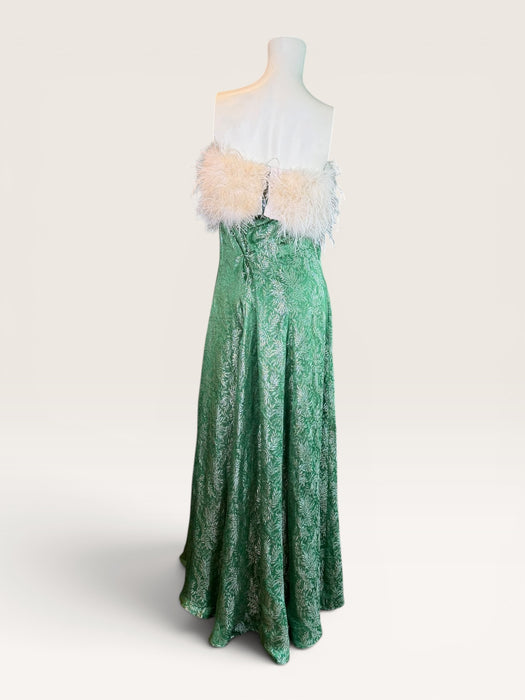Monica, reworked 1920s green floral lamé gown with cream ostrich feather bust