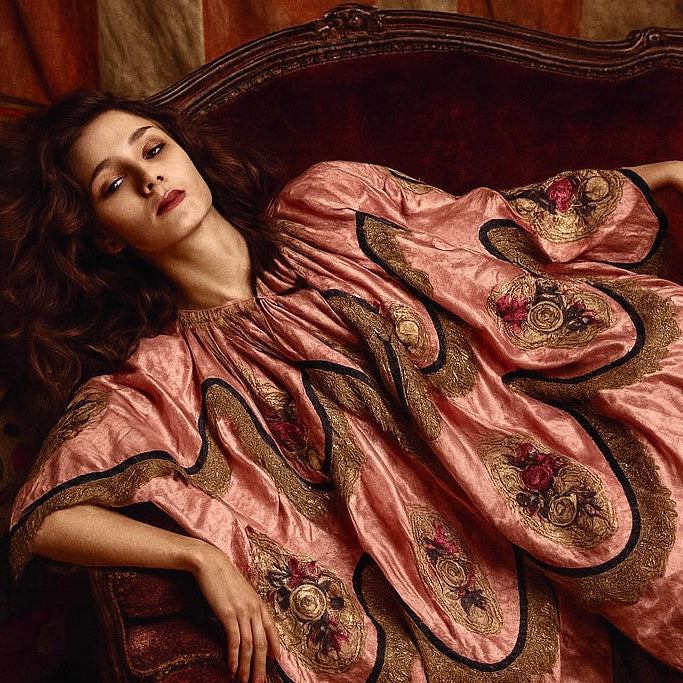 Troy, reworked Victorian silk floral and silver lace scalloped cape