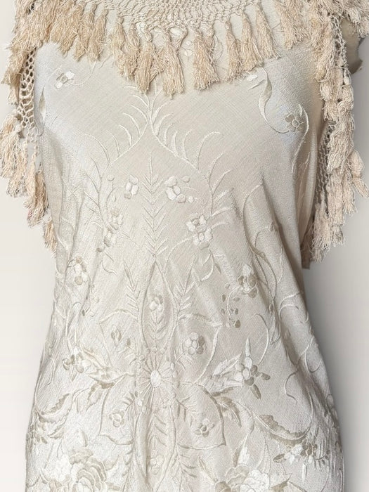 Odette, reworked 20s cream silk embroidered piano shawl