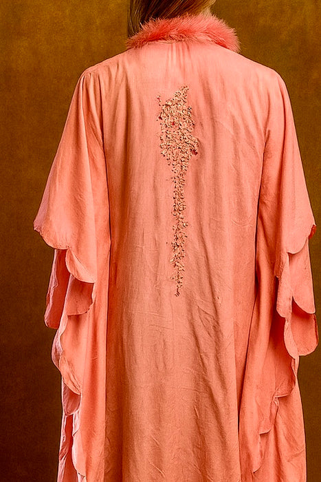 Lolie, 30s silk feather scalloped silk robe with lace inserts and floral button