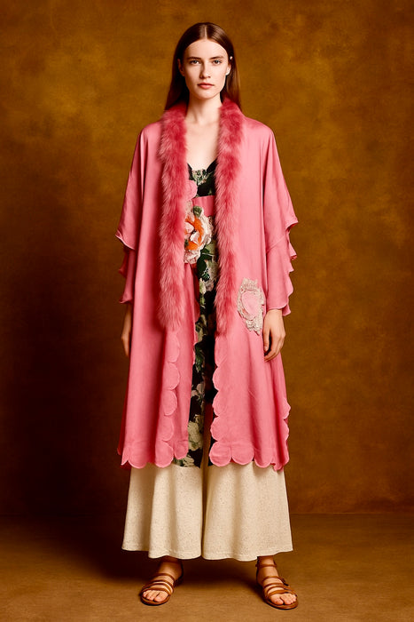 Lolie, 30s silk feather scalloped silk robe with lace inserts and floral button