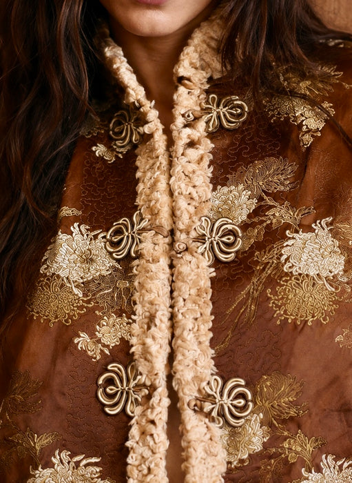 Edina, 70s Oriental camel silk damask teddy lined jacket