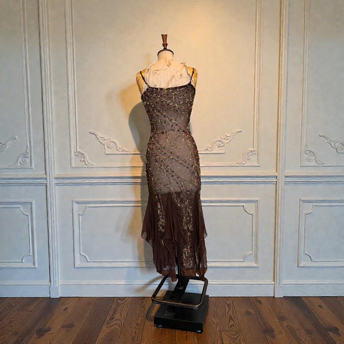 Tory, 90s beaded brown bias cut chiffon handkerchief dress