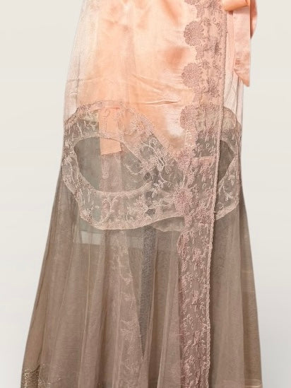 Patina, 30s peach silk and lace tulle belted wrap over dress/robe