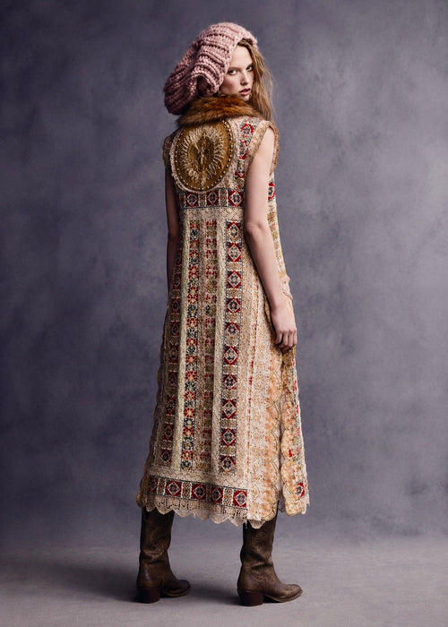 Chiara, 19th C Greek hand woven embroidered waistcoat with a faux fur collar and beaded side pocket