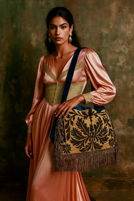 Tania, reworked Edwardian metallic embroidered and blue velvet satchel