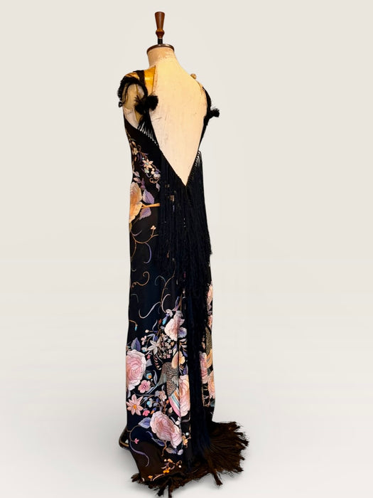 Angel, reworked 30s silk embroidered piano shawl bias cut dress