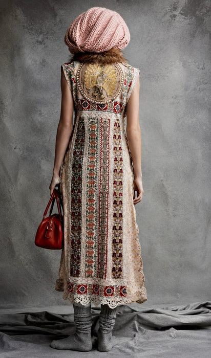 Chiara, 19th C Greek hand woven embroidered waistcoat with a faux fur collar and beaded side pocket