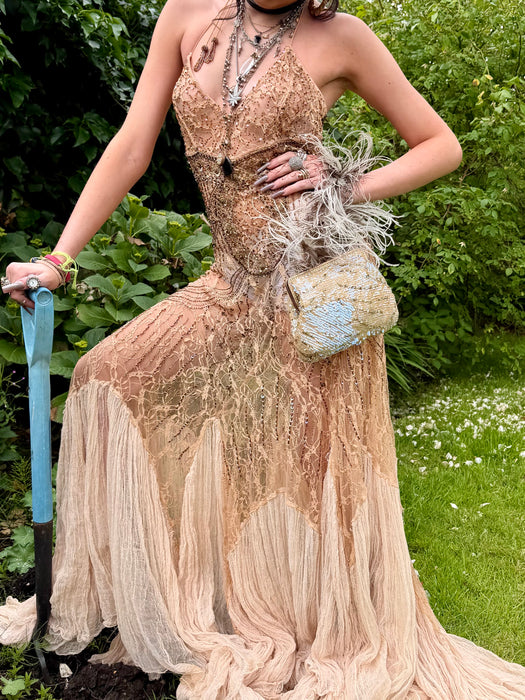 Sienna, reworked 90s beaded soft gold dress with cheesecloth inserts