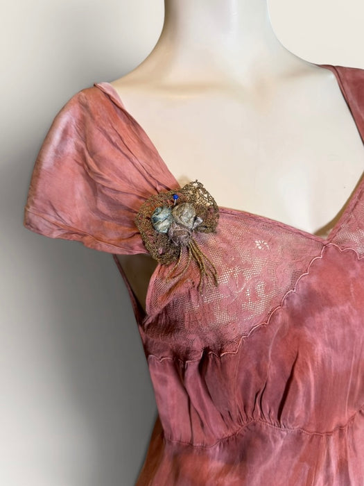 Martha, hand dyed 1930s silk and lace dress with hand made metallic rosettes